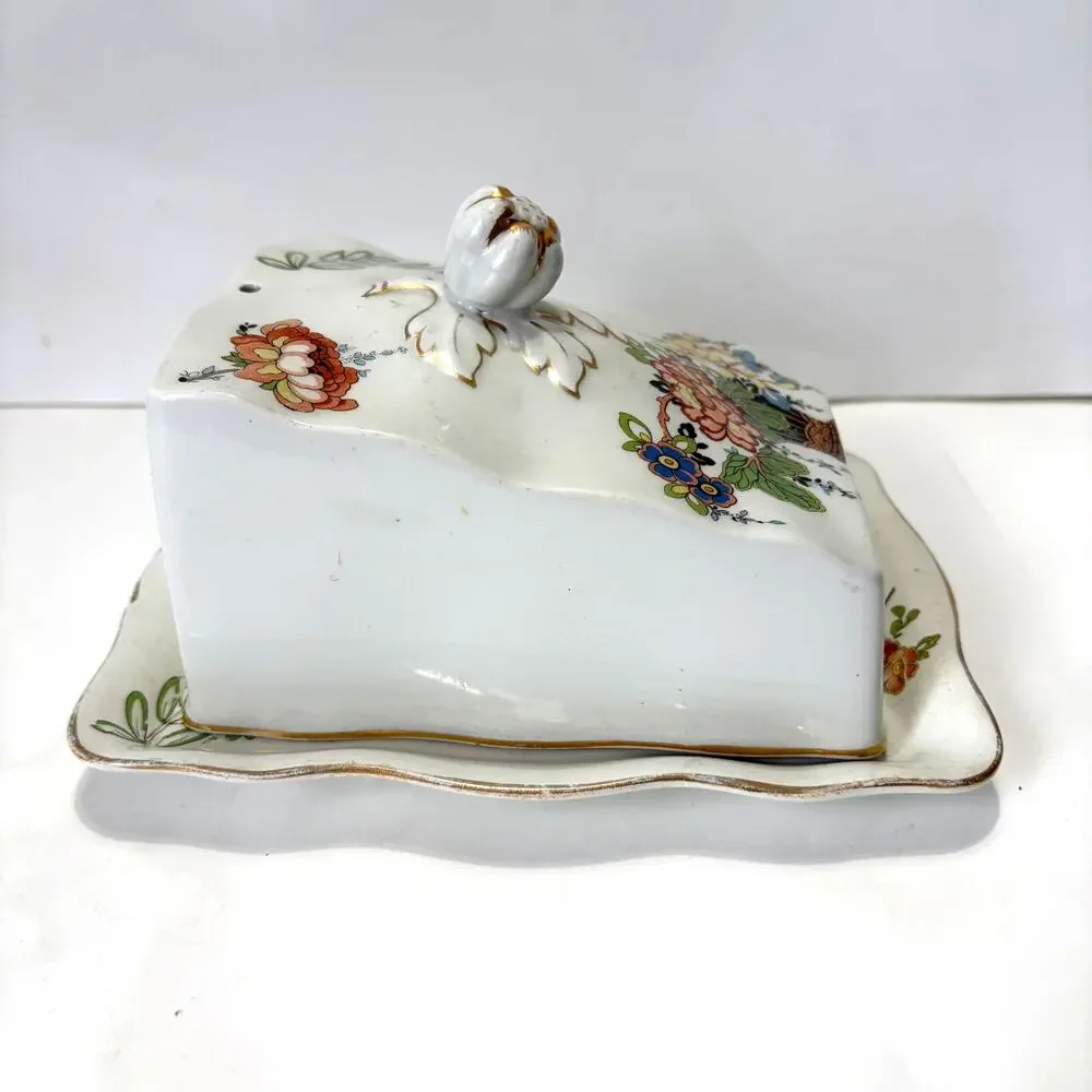 Vintage Floral Covered Cheese Keeper Butter Dish Gold Trim